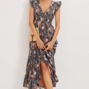 Anthropologie Plus 3X Floral Cotton V Neck Smocked Ruffle Maxi Dress Brown